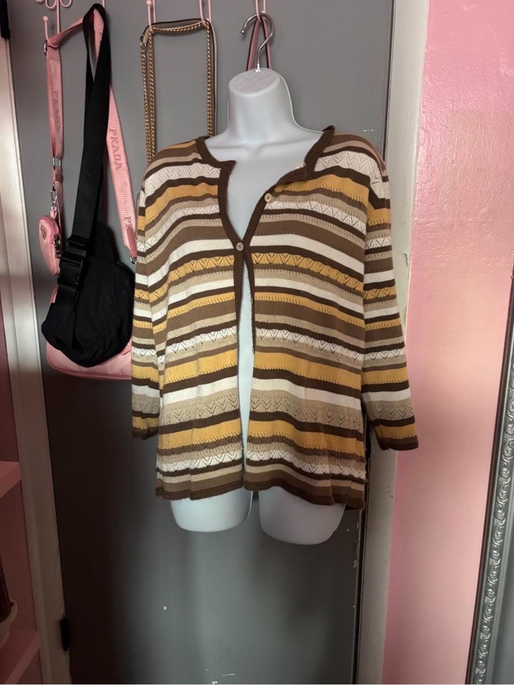 Striped Open-Front Cardigan in Brown, Yellow & Cream